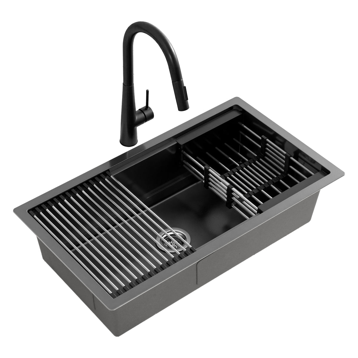 Cefito Stainless Steel Sink 70x45CM With Pull Out Mixer Tap Kitchen Basin Single Bowl Black