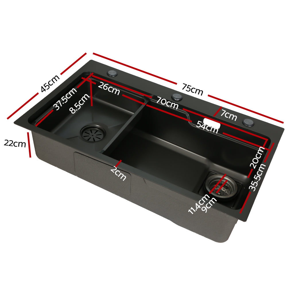 Cefito 75x45cm Single Bowl Kitchen Sink Stainless Steel Black