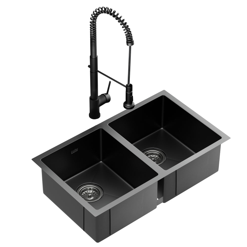 Cefito 77x45CM Double Bowl Kitchen Sink Stainless Steel Black with Pull-Out Mixer Tap