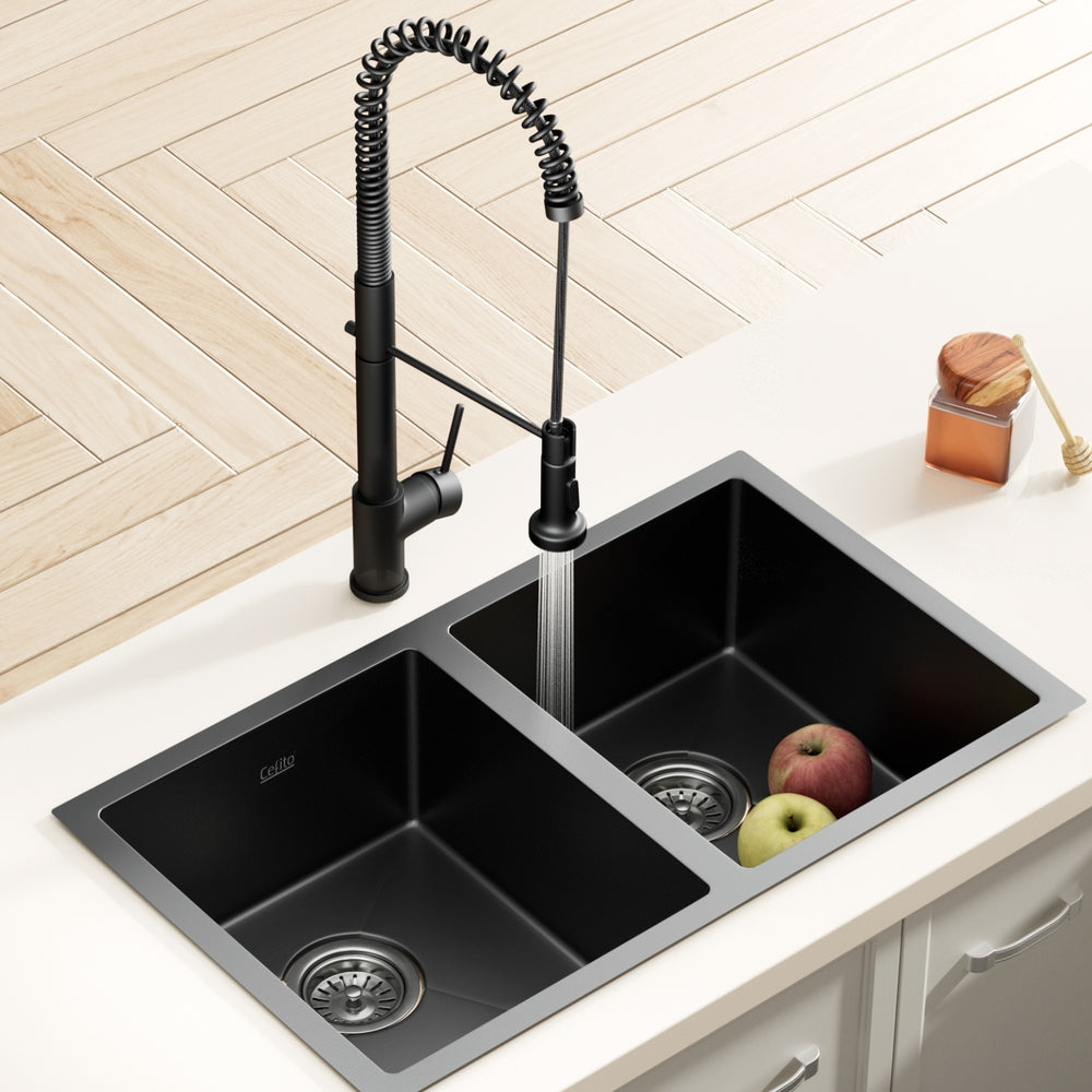 Cefito 77x45CM Double Bowl Kitchen Sink Stainless Steel Black with Pull-Out Mixer Tap