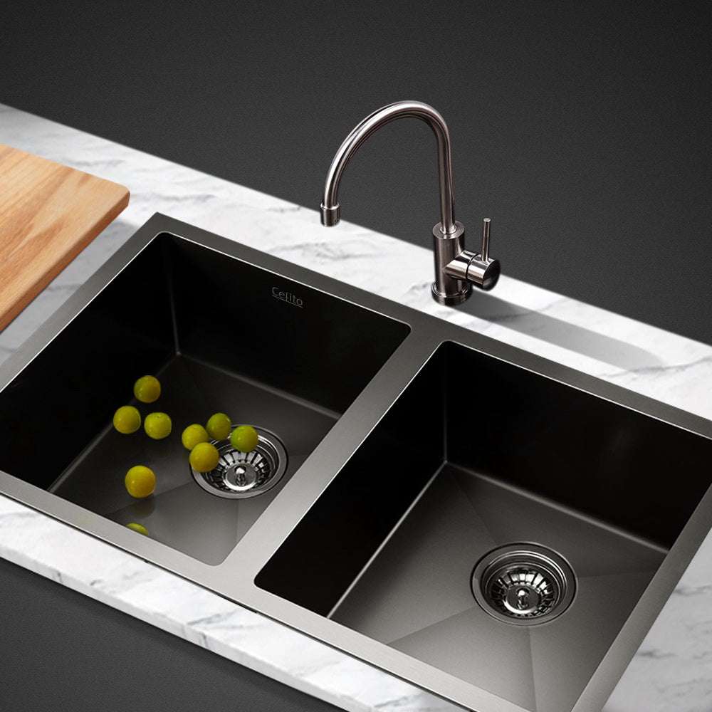 Cefito Kitchen Sink 770mm x 450mm Stainless Steel Double Bowl Black