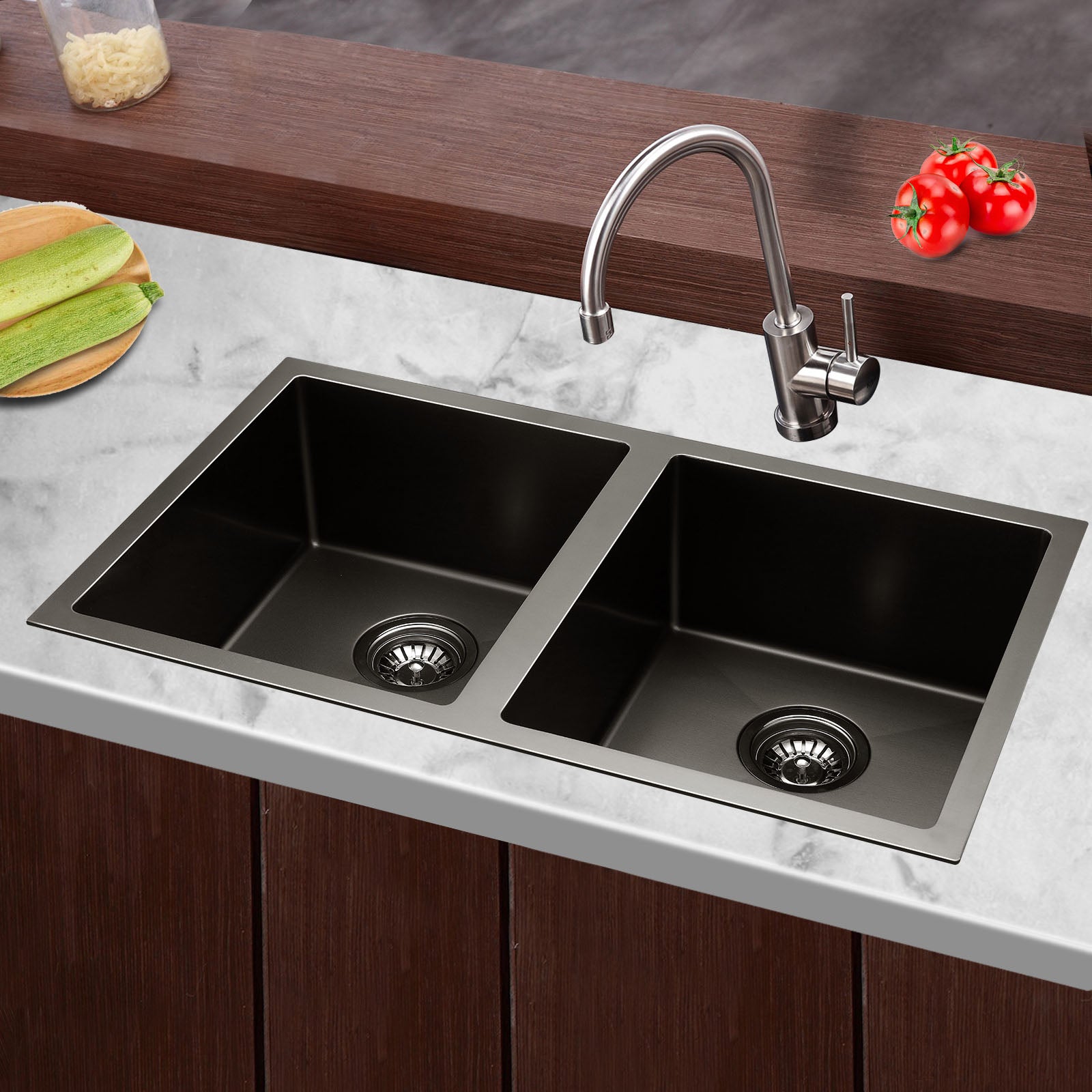 Cefito Double Bowl Kitchen Sink 77x45cm Stainless Steel Black
