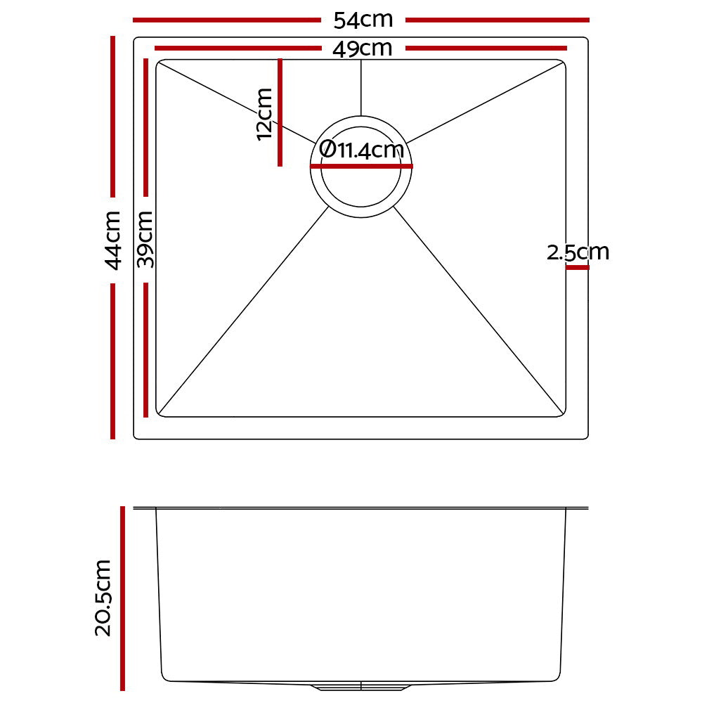 Cefito 54cm x 44cm Stainless Steel Kitchen Sink Black Under/Top/Flush Mount