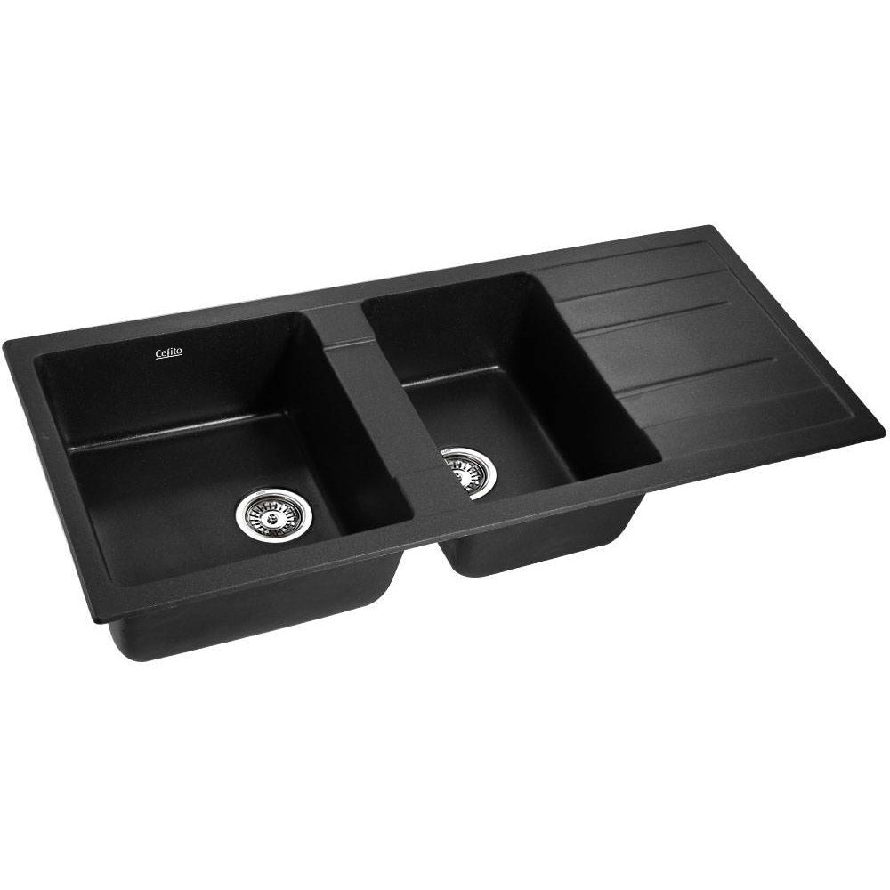 Cefito Stone Kitchen Sink 1160x500mm Double Bowl Black