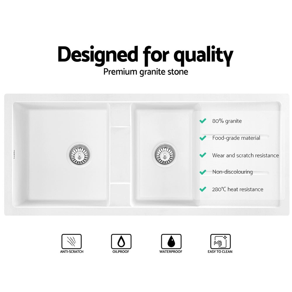 Cefito 116cm Double Bowl Kitchen Sink Granite Under/Topmount White