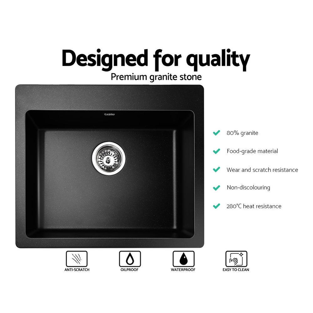 Cefito 570x500mm Granite Kitchen Sink Under/Topmount Black