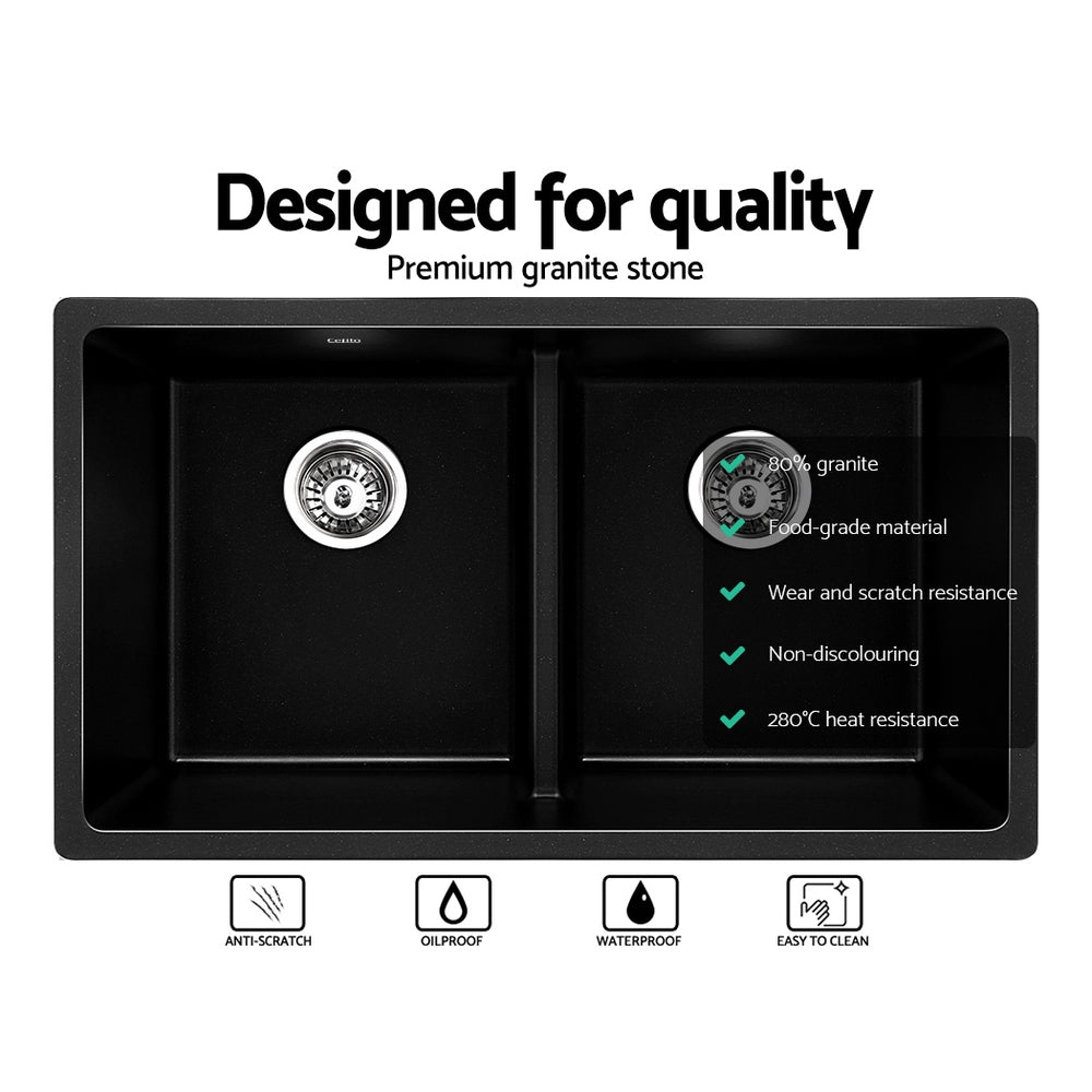 Cefito 790x460mm Double Bowl Kitchen Sink Granite Black