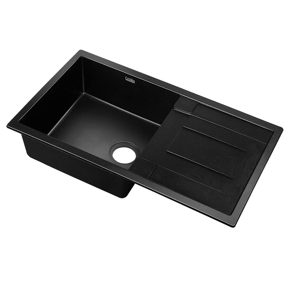 Cefito Stone Kitchen Sink 860x500mm Granite Under/Topmount Basin Black