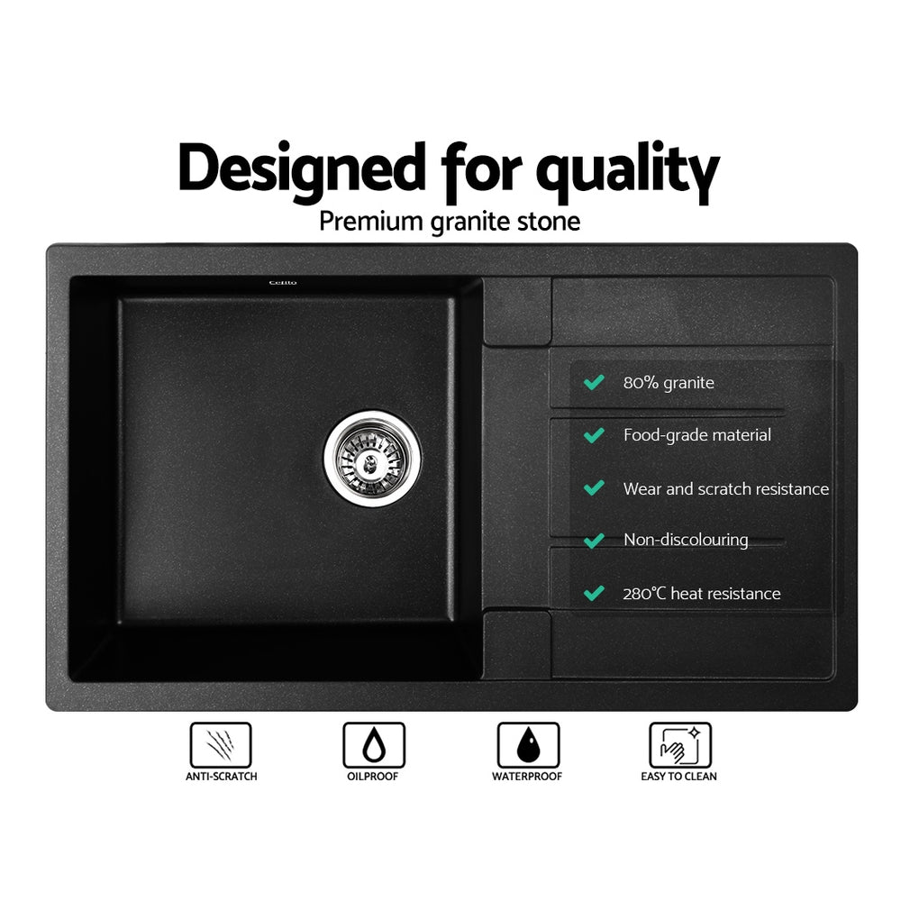 Cefito 860x500mm Granite Kitchen Sink Under/Topmount Black