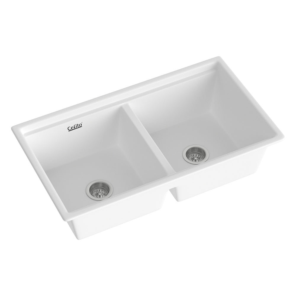 Cefito Double Bowl Granite Kitchen Sink 79cm White