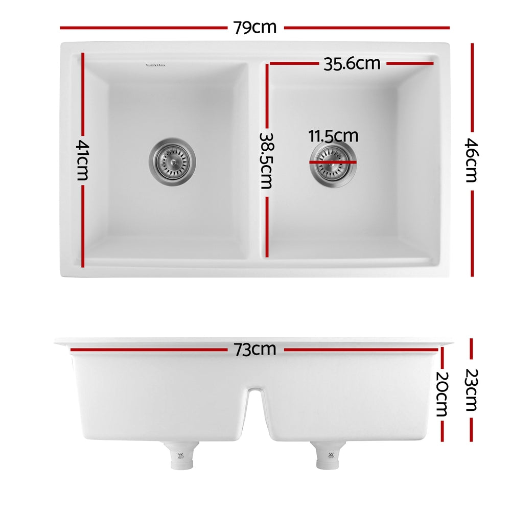 Cefito Double Bowl Granite Kitchen Sink 79cm White