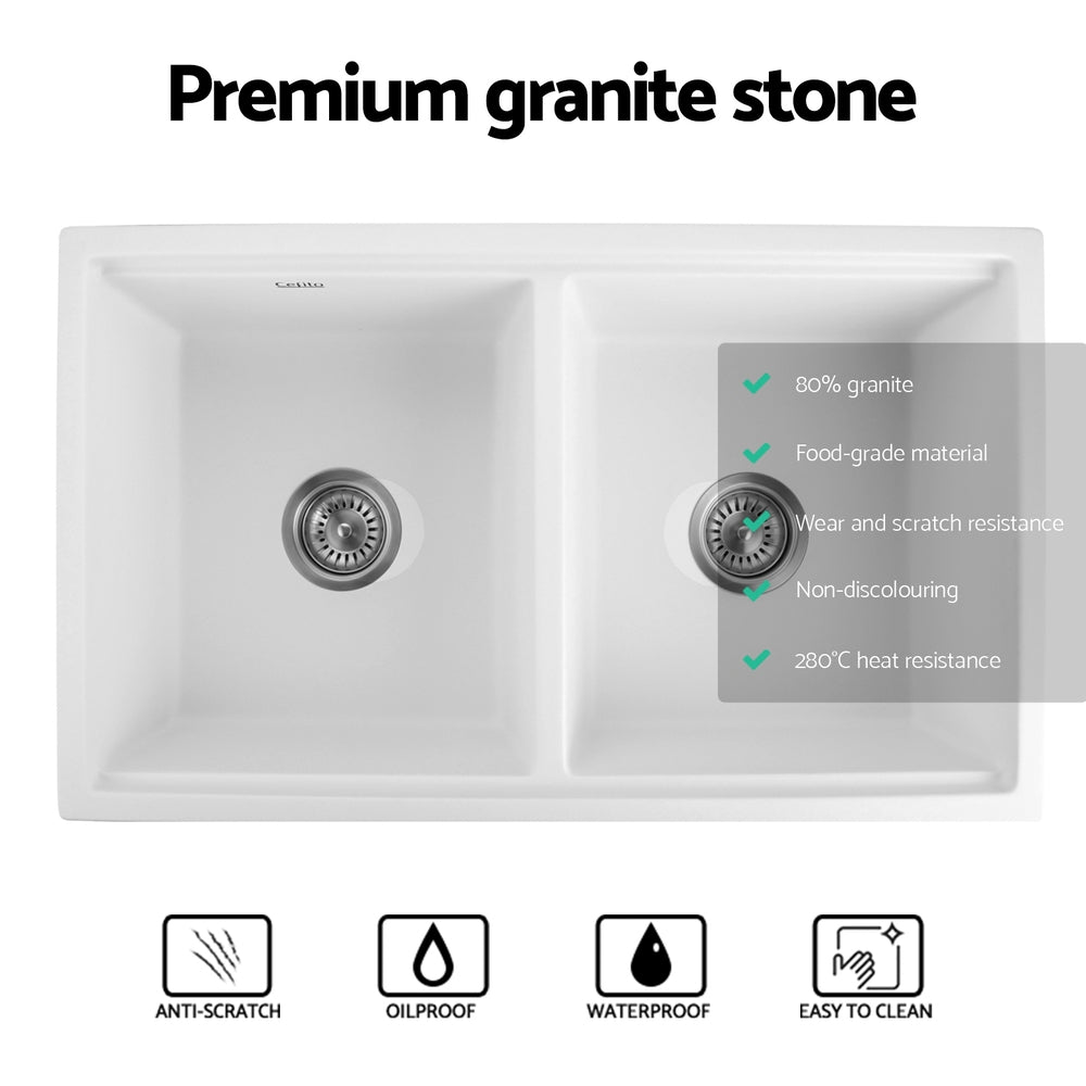 Cefito Double Bowl Granite Kitchen Sink 79cm White