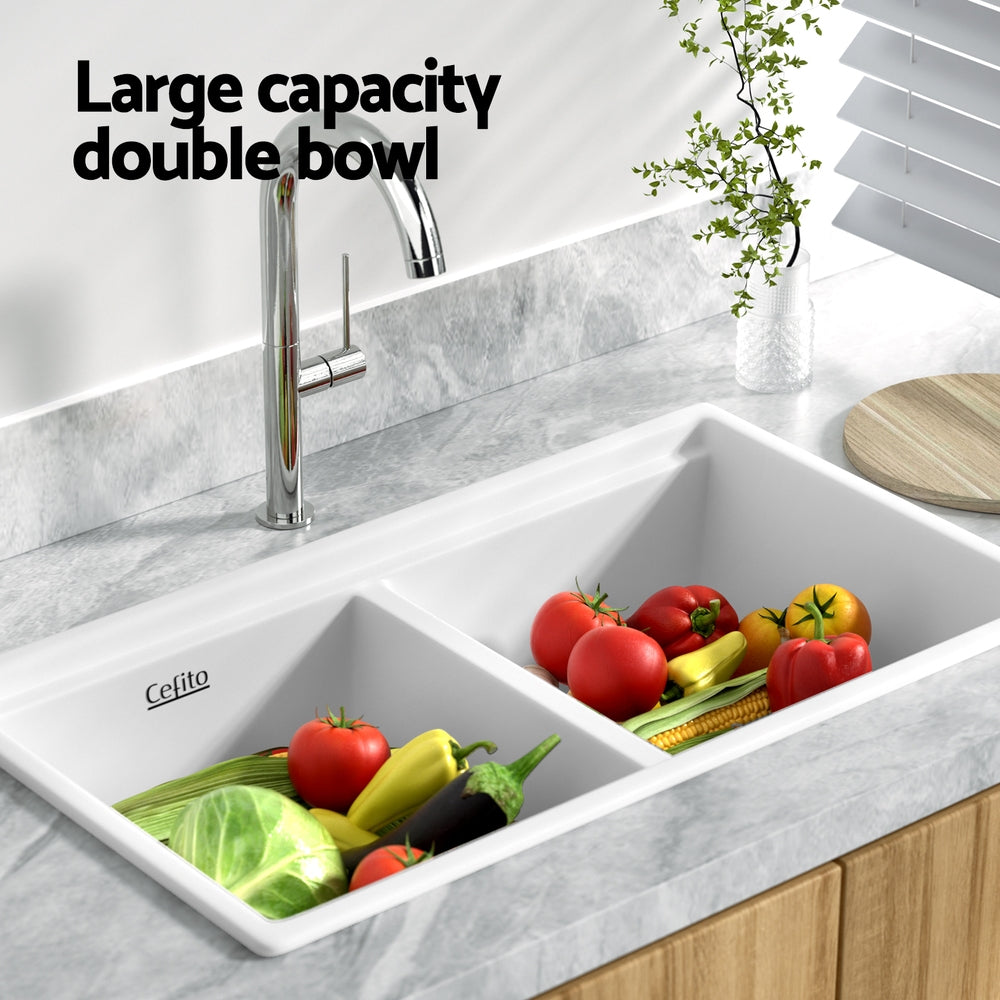 Cefito Double Bowl Granite Kitchen Sink 79cm White