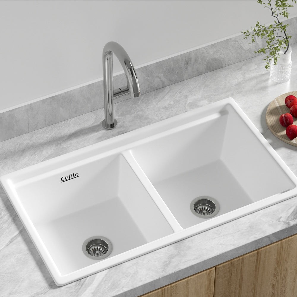 Cefito Double Bowl Granite Kitchen Sink 79cm White