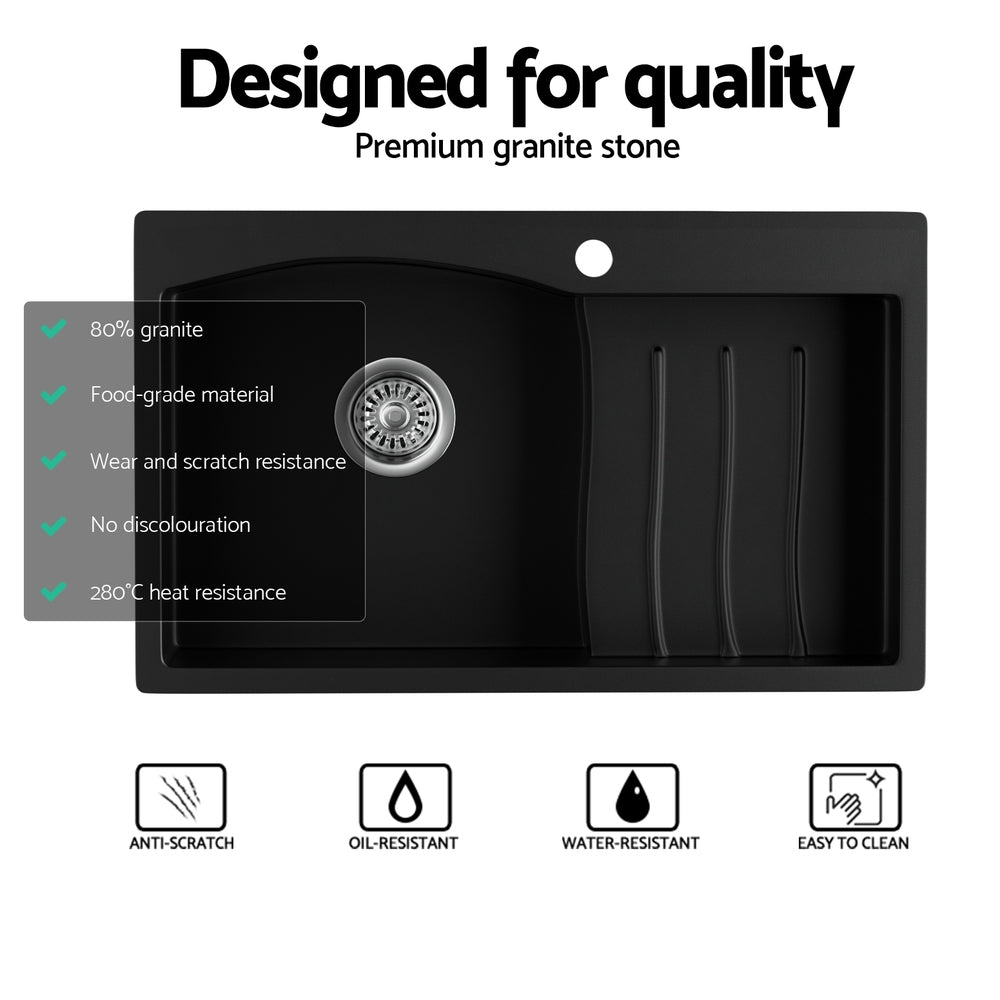 Cefito 74x45cm Granite Kitchen Sink Single Bowl Black