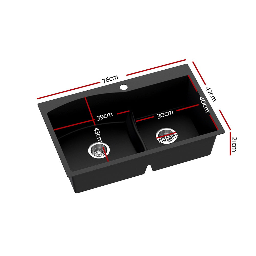 Cefito 76x47cm Double Bowl Granite Kitchen Sink Black
