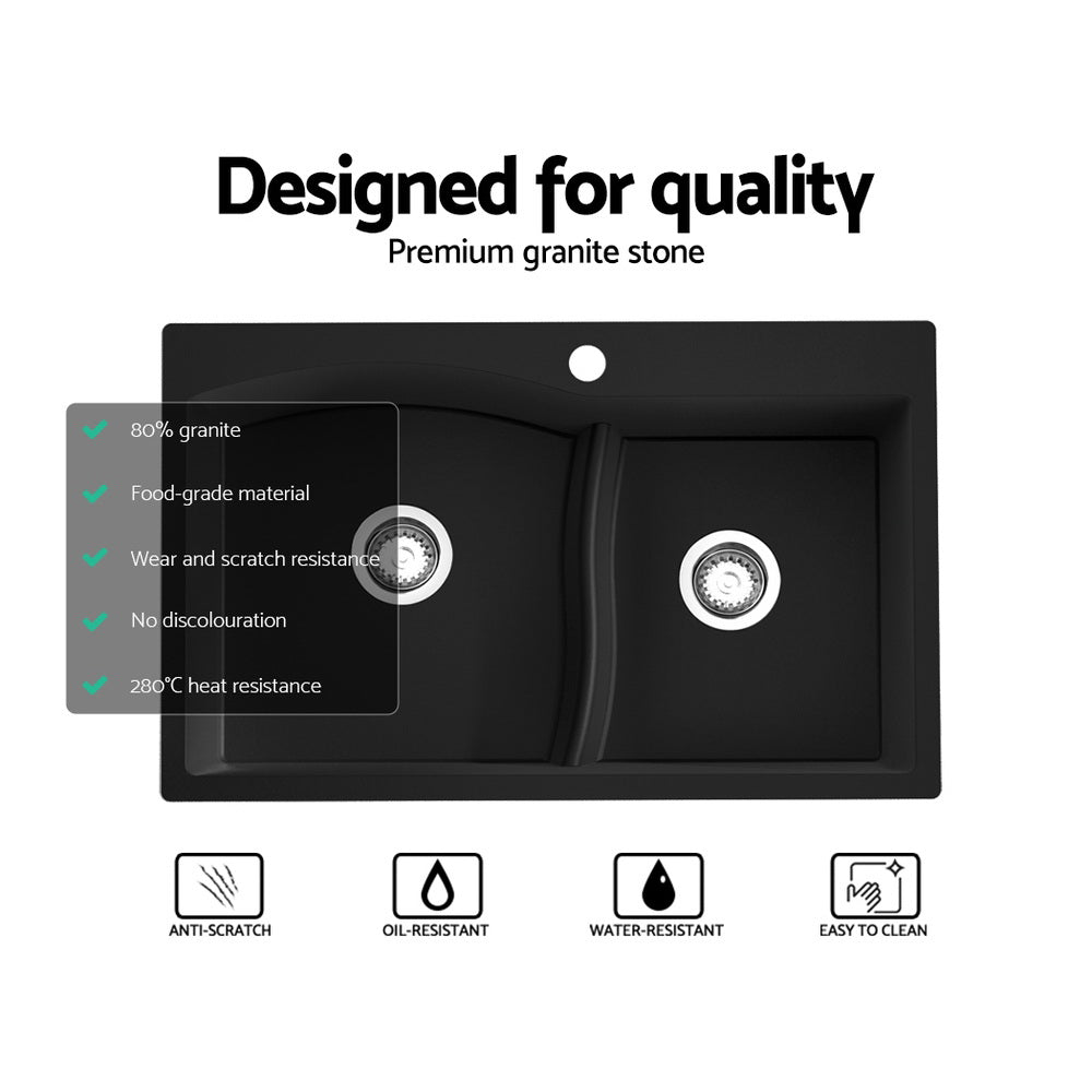 Cefito 76x47cm Double Bowl Granite Kitchen Sink Black