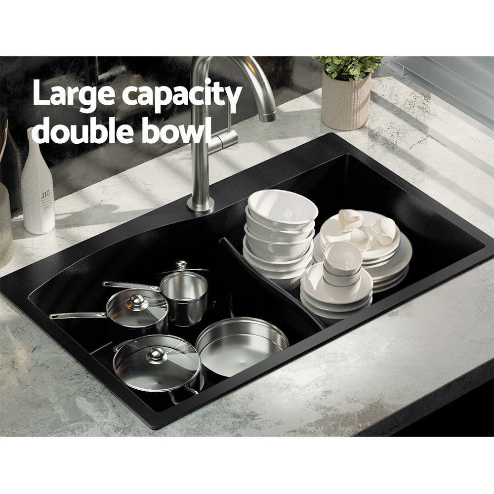 Cefito 76x47cm Double Bowl Granite Kitchen Sink Black