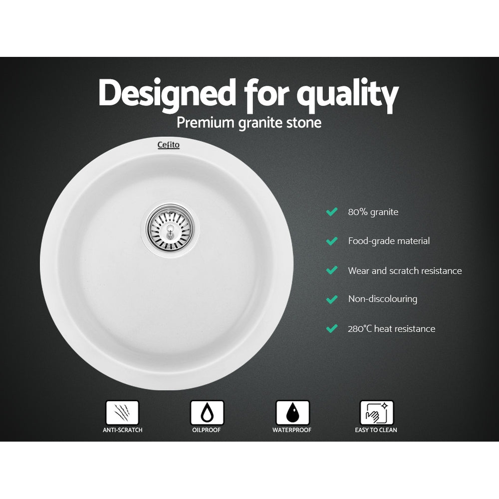 Cefito 430MM Round Granite Kitchen Sink Under/Topmount White
