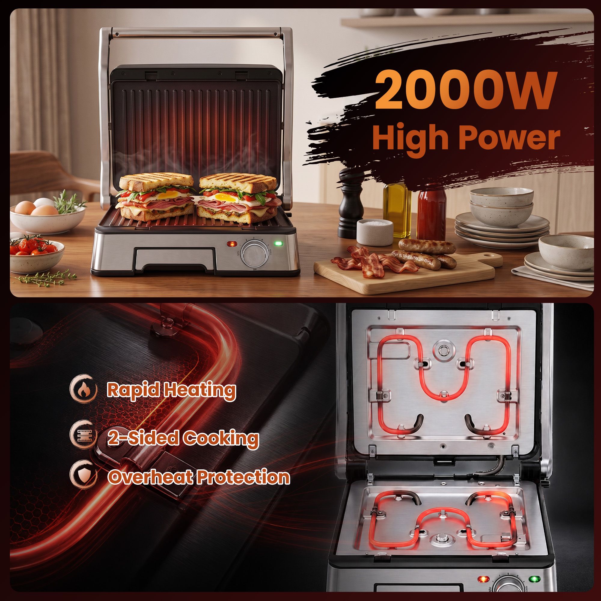 Devanti 2000W 3-in-1 Panini Press Grill Sandwich Maker 180° Open 4 Slice