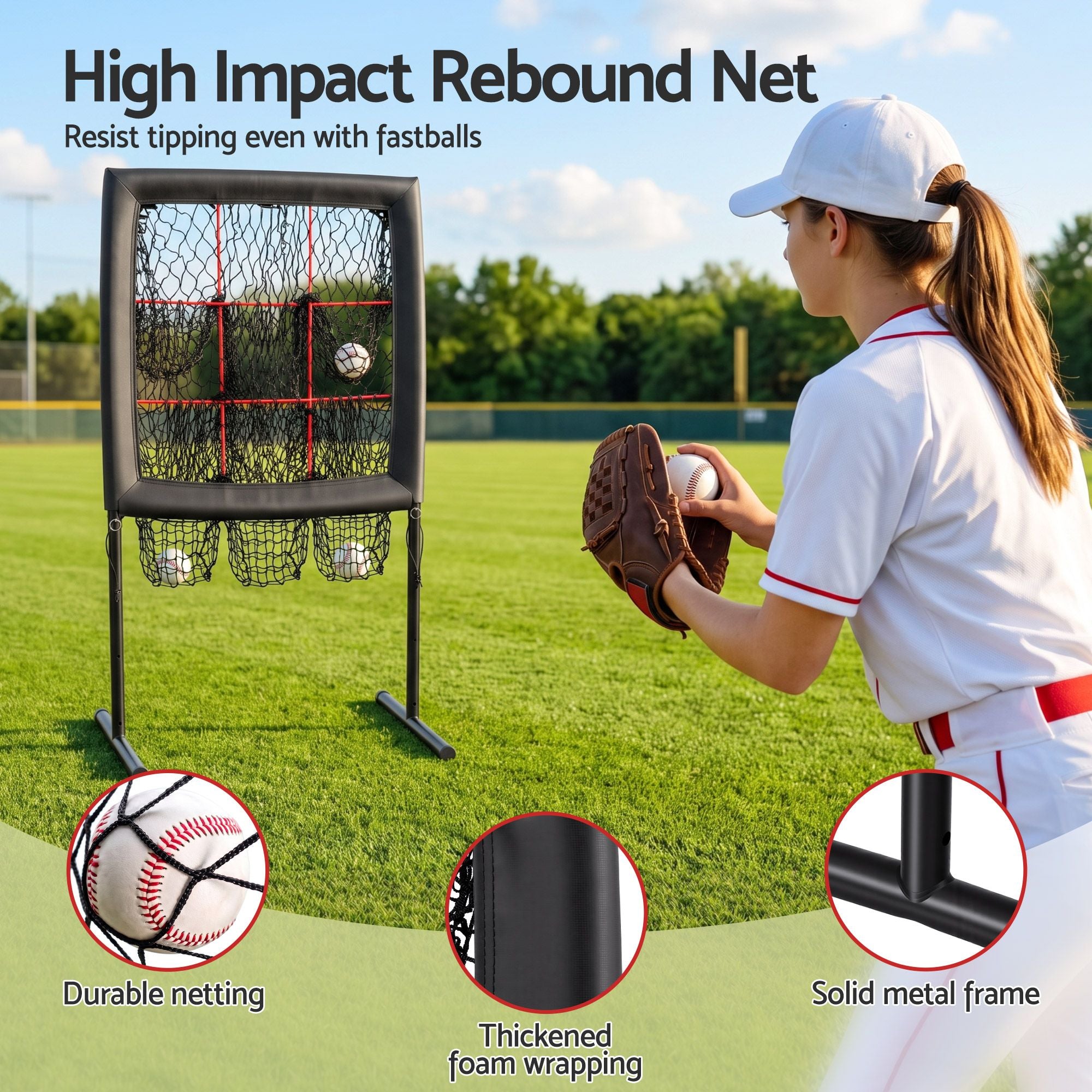 Everfit Baseball Pitching Net Training Target Softball Practice 9 Hole Black