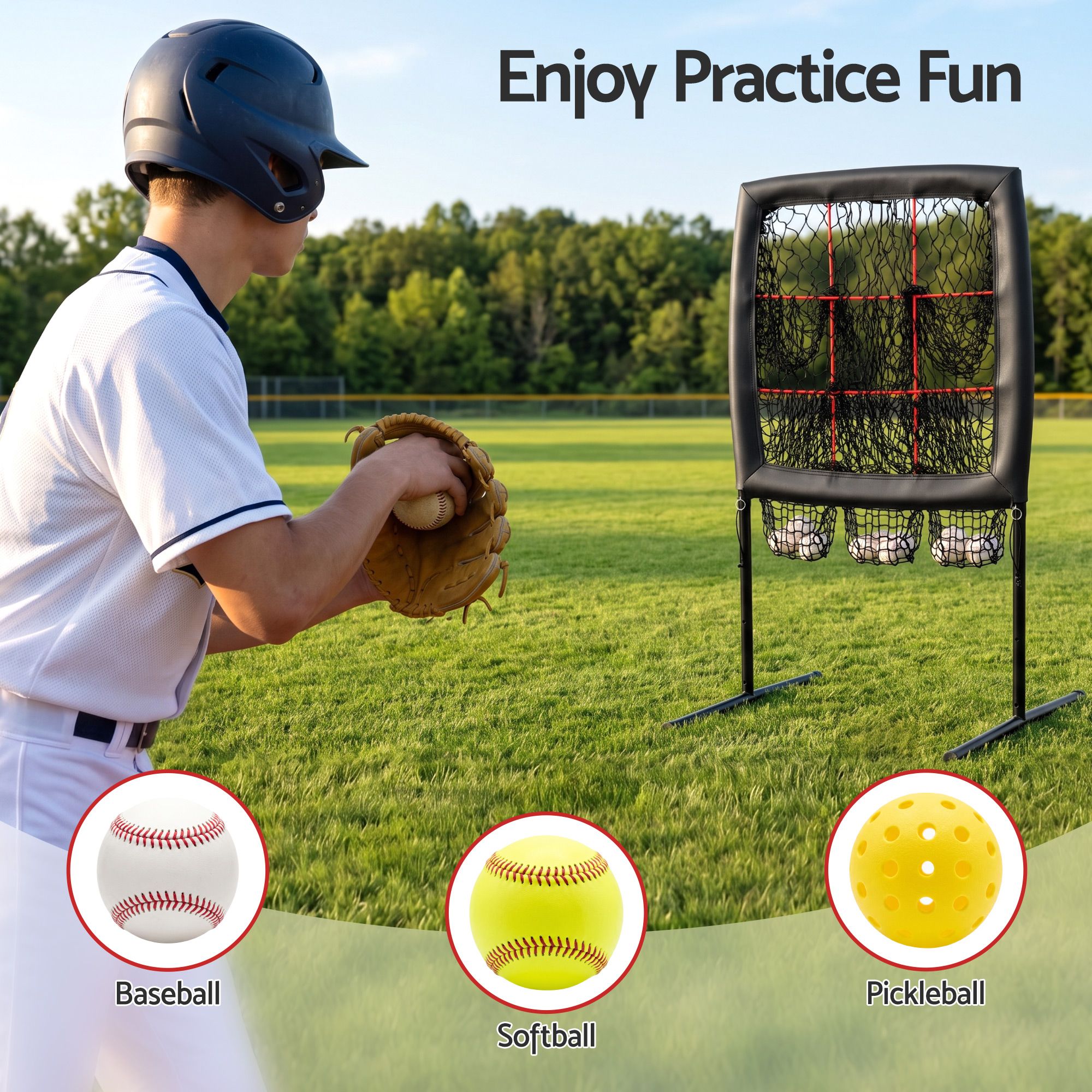 Everfit Baseball Pitching Net Training Target Softball Practice 9 Hole Black