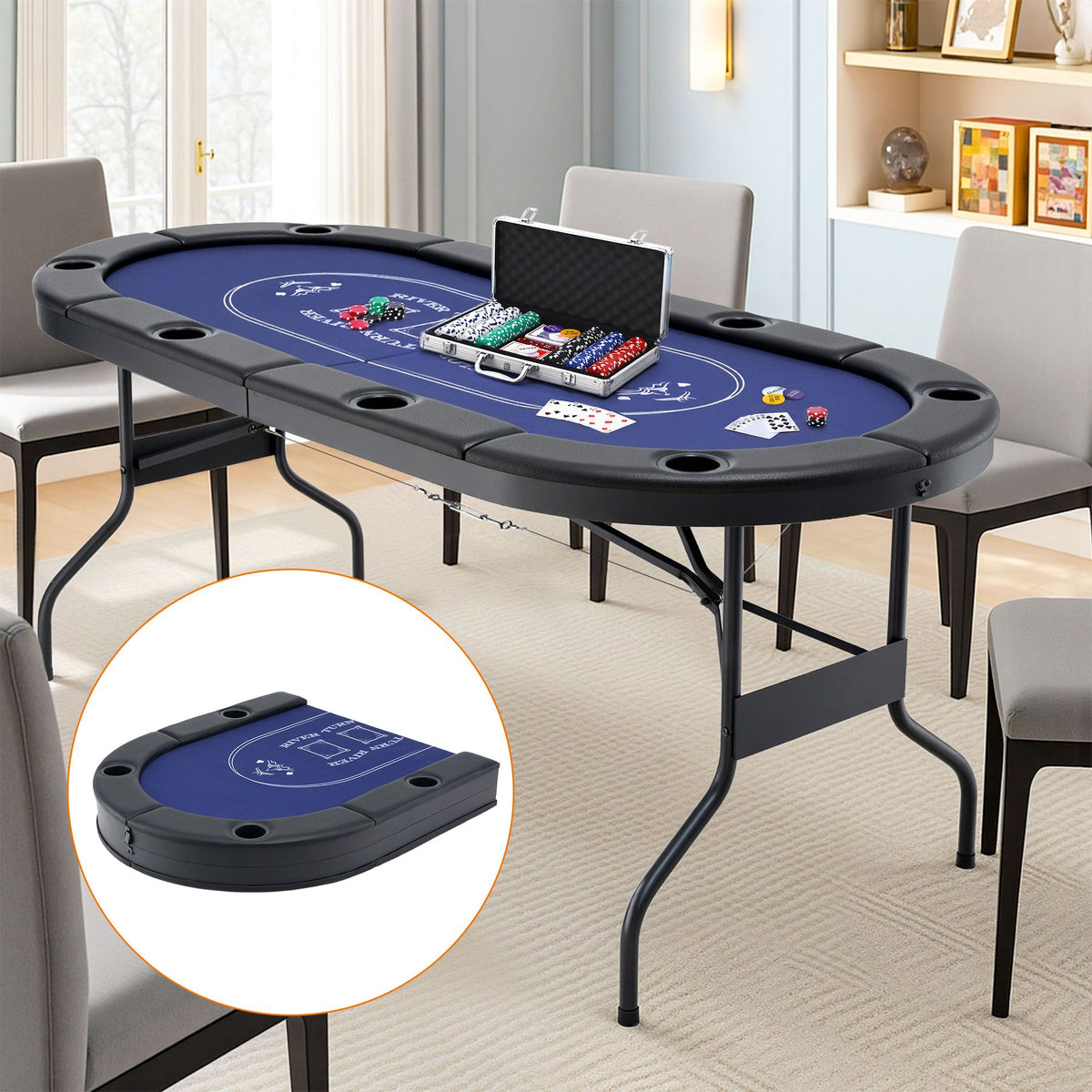 8 Player 1.8m Folding Poker Table with 300pcs Chips Set Blue
