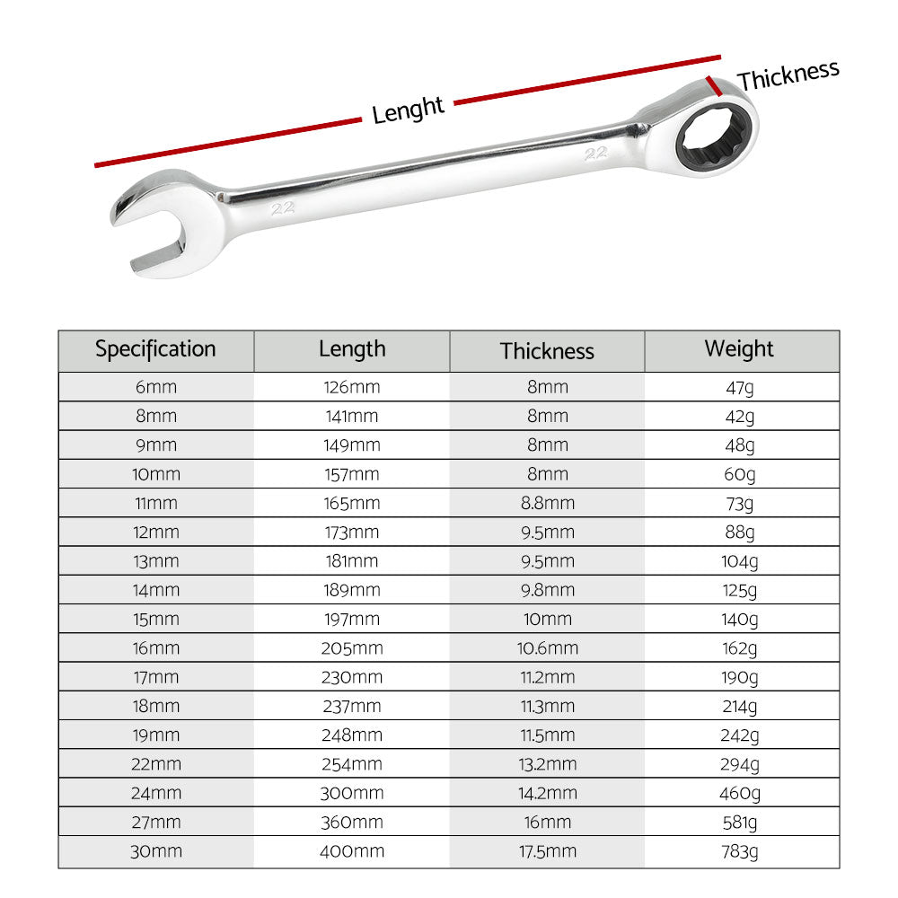 Giantz Metric Ratchet Spanner Set 17pcs 6MM-30MM Silver