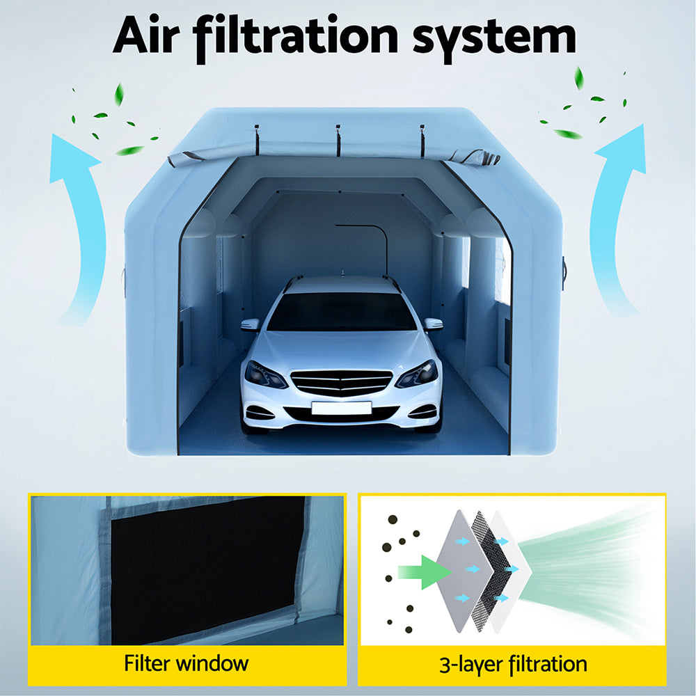 Giantz 8.5x4.8m Inflatable Car Paint Tent Spray Booth Blue with Filter System & 2 Blowers