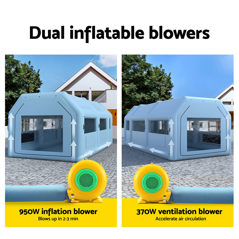 Giantz 8.5x4.8m Inflatable Car Paint Tent Spray Booth Blue with Filter System & 2 Blowers