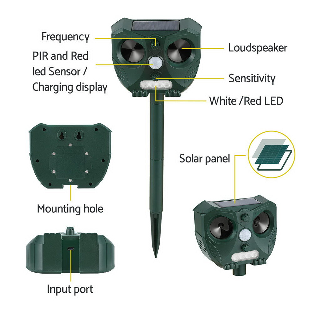 Gardeon Ultrasonic Snake Repeller Solar USB Rechargeable Green