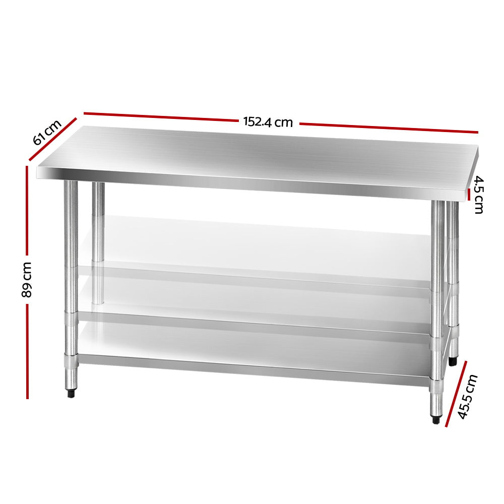 Cefito 1524x610mm Stainless Steel Kitchen Bench 304 Commercial Grade