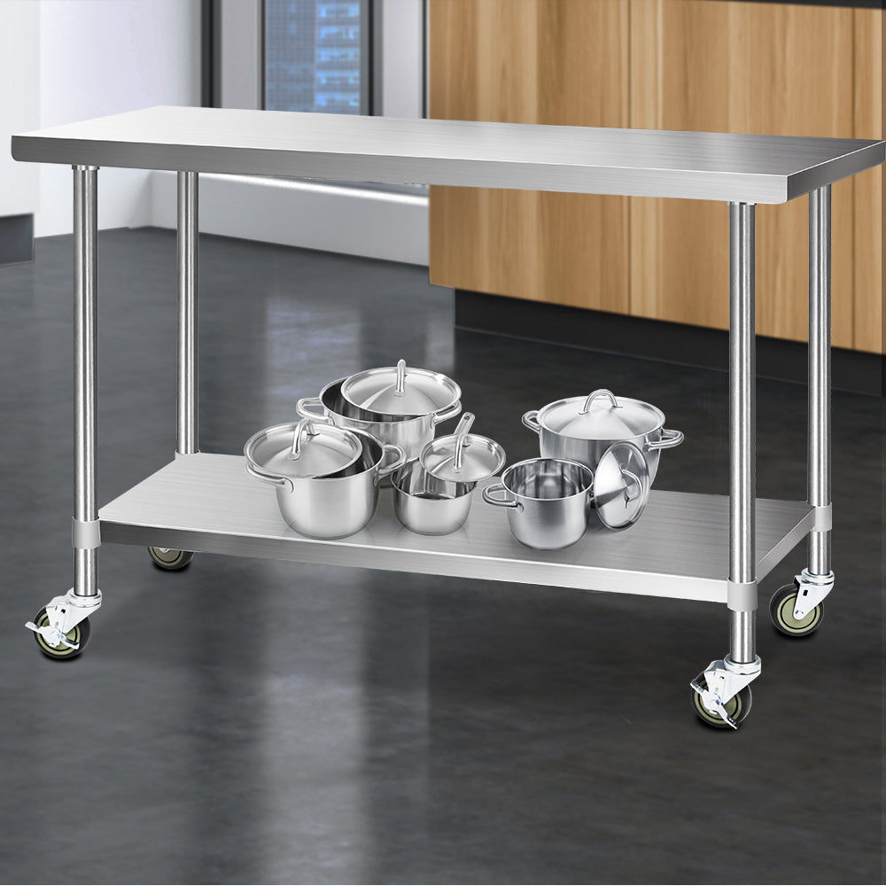Cefito 1524x610mm Stainless Steel Kitchen Bench Movable Wheels 304