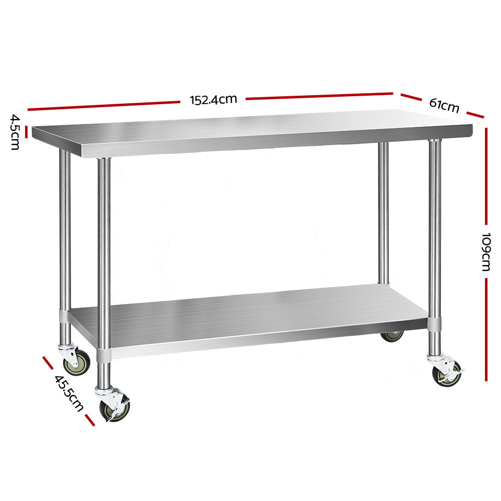 Cefito 1524x610mm Stainless Steel Kitchen Bench Movable Wheels 304