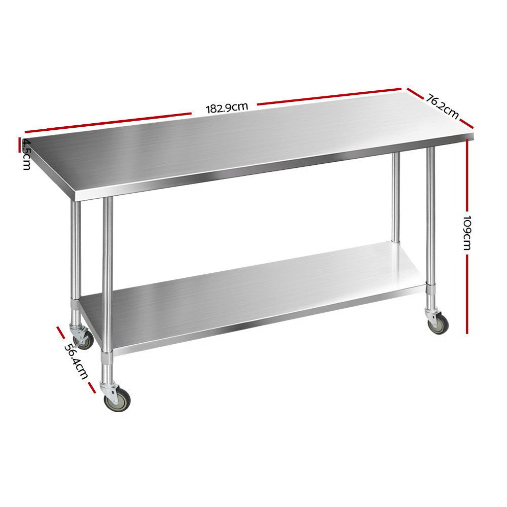 Cefito 1829x760mm Stainless Steel Kitchen Bench with Wheels