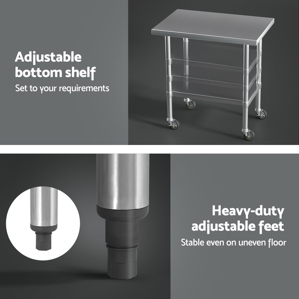 Cefito 91x61cm Stainless Steel Kitchen Workbench Wheels Adjustable Shelf