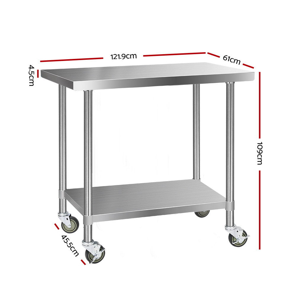 Cefito 1219x610mm Stainless Steel Kitchen Bench with Wheels