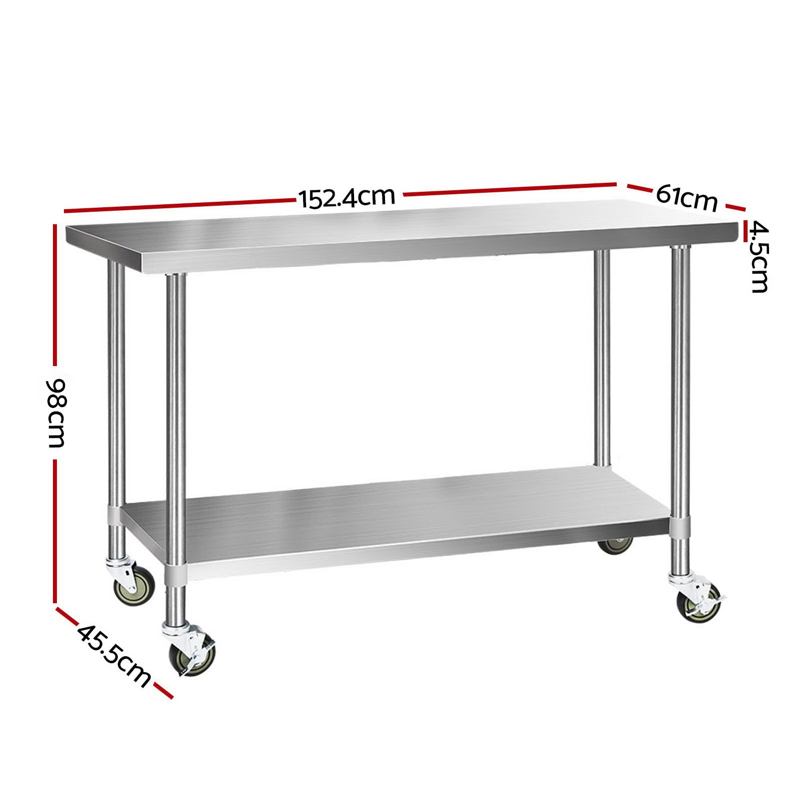 Cefito 1524x610mm Stainless Steel Kitchen Bench with Wheels