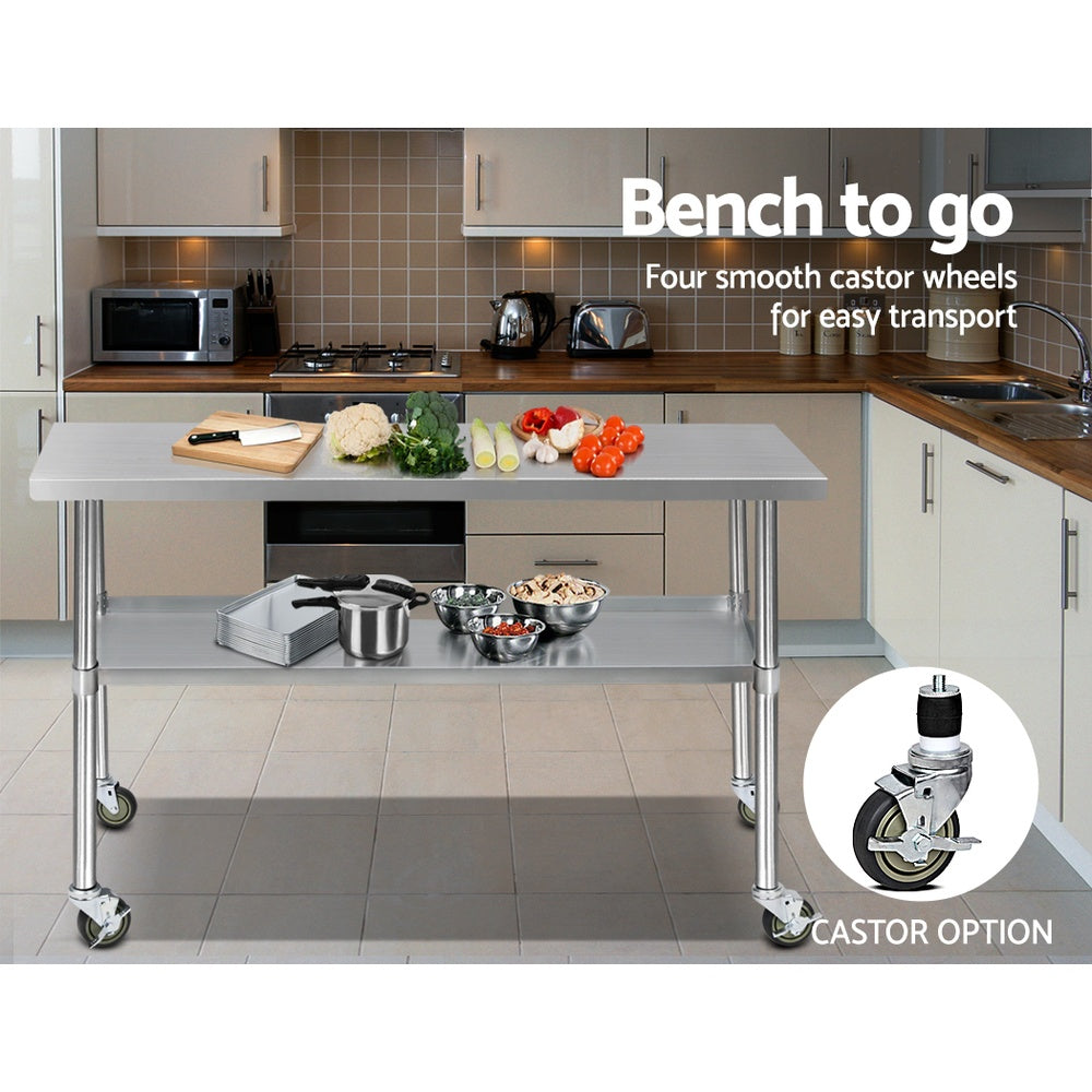 Cefito 1524x610mm Stainless Steel Kitchen Bench with Wheels