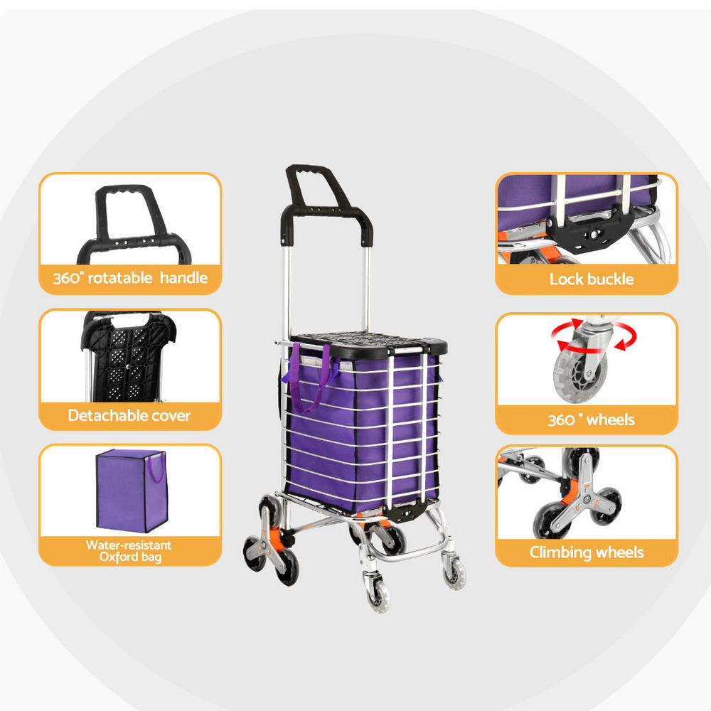 Emajin 35L Foldable Shopping Trolley Climbing Wheels Purple Silver