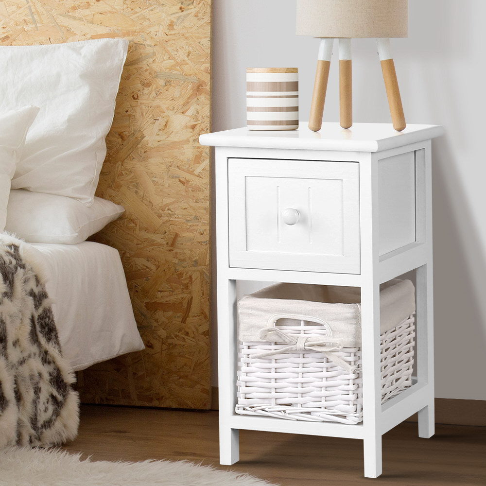 Claire Bedside Table 1 Drawer Basket Rustic White Set of 2