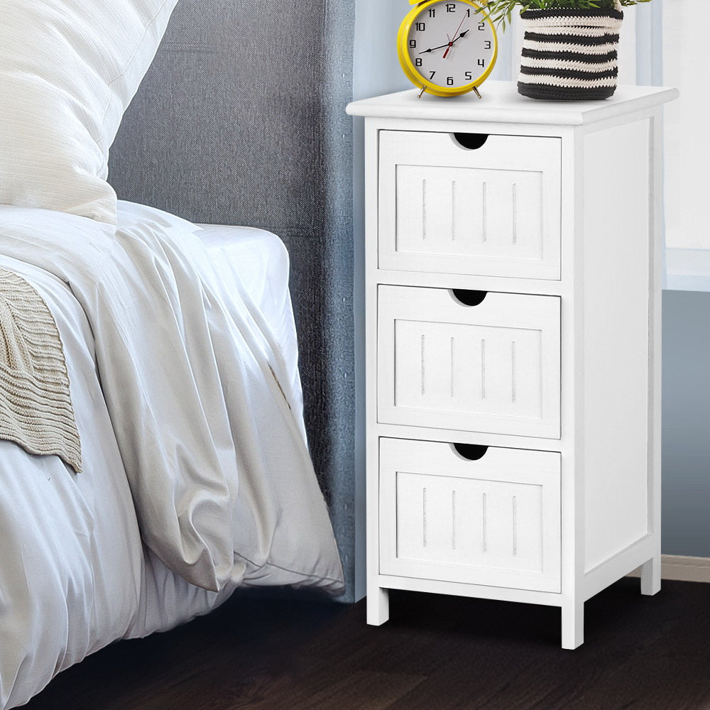 Rustic 3-Drawer White Bedside Table Storage Cabinet