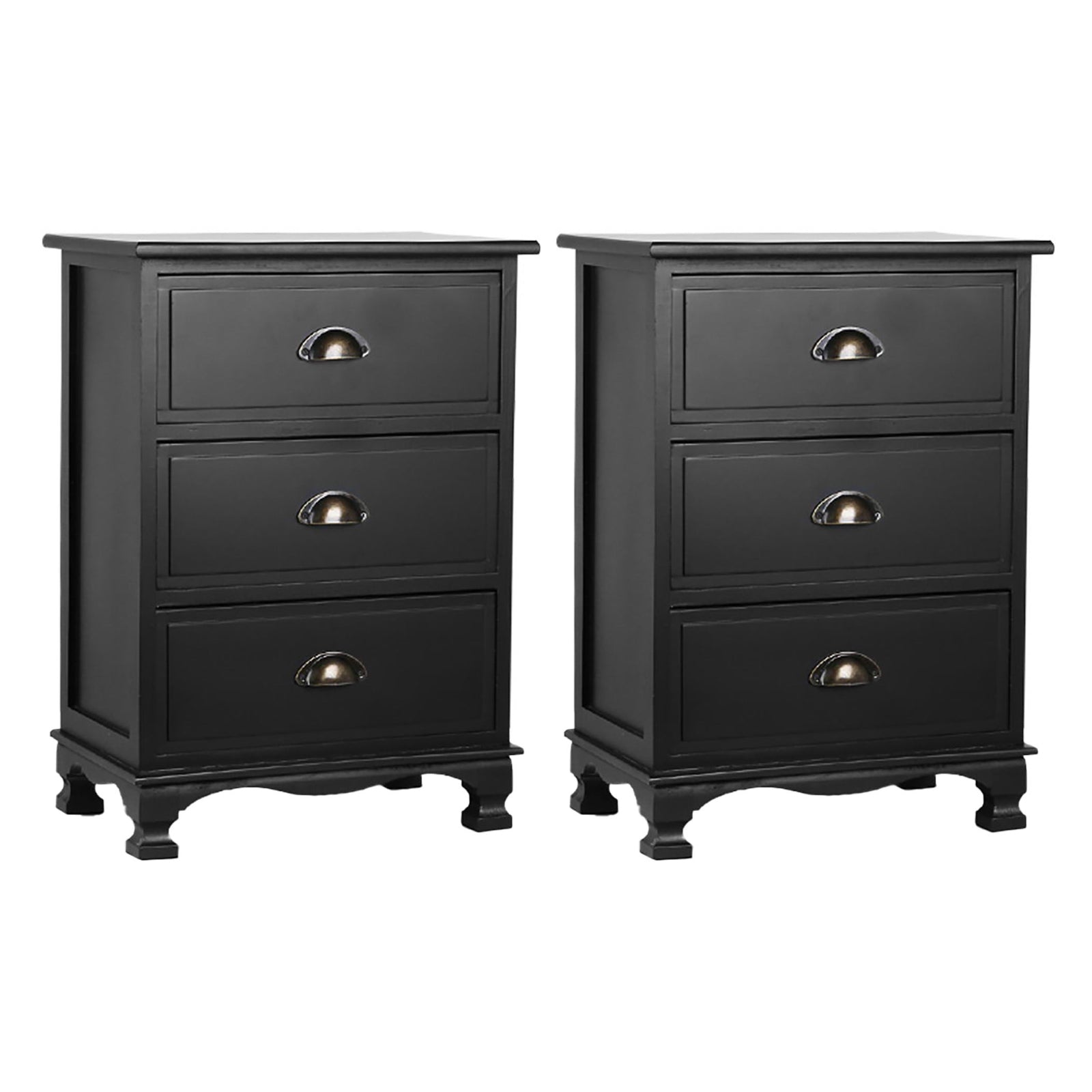 THYME Black Bedside Tables 3 Drawers Vintage Set of 2