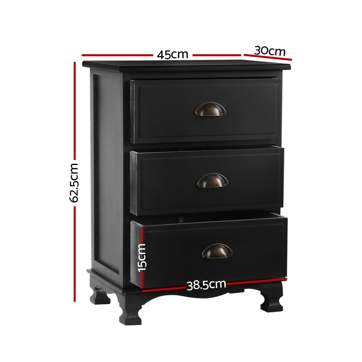 THYME Black Bedside Tables 3 Drawers Vintage Set of 2
