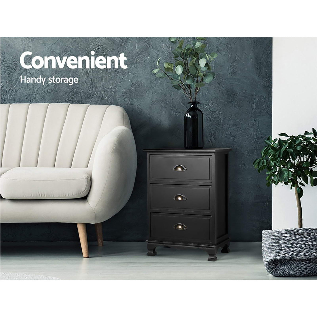 THYME Black Bedside Tables 3 Drawers Vintage Set of 2