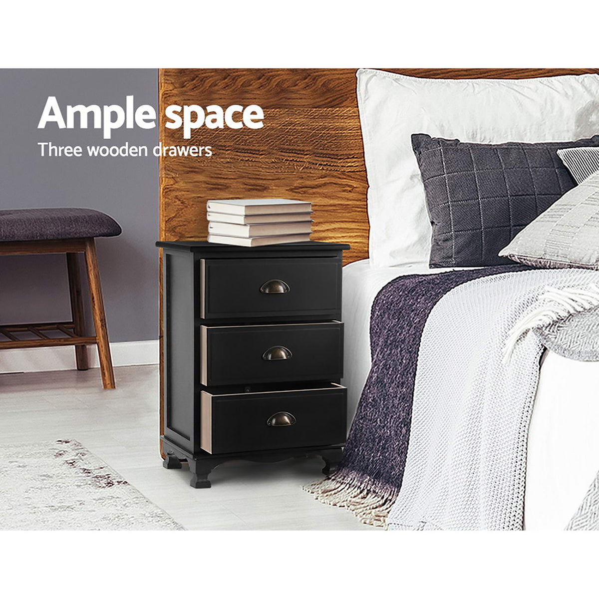 THYME Black Bedside Tables 3 Drawers Vintage Set of 2