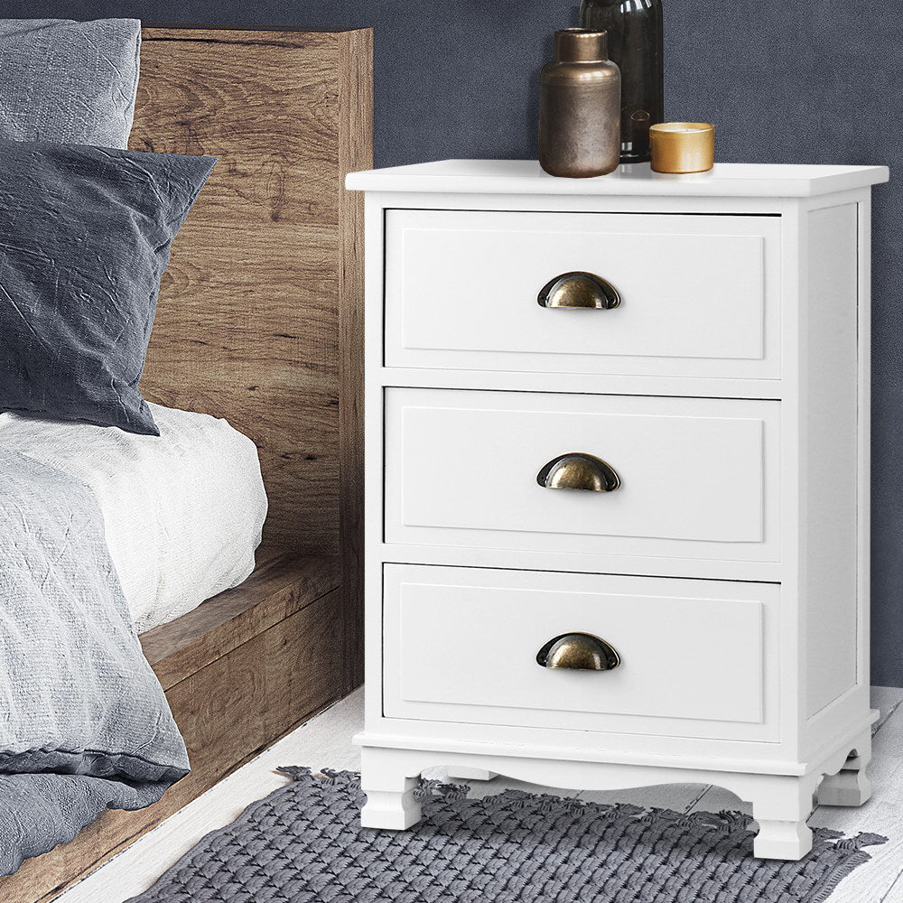 Thyme 3 Drawer Vintage Bedside Table Storage Cabinet White