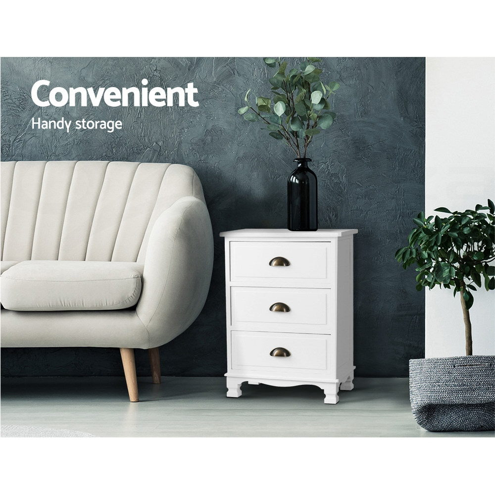 Thyme 3-Drawer Bedside Table Vintage White