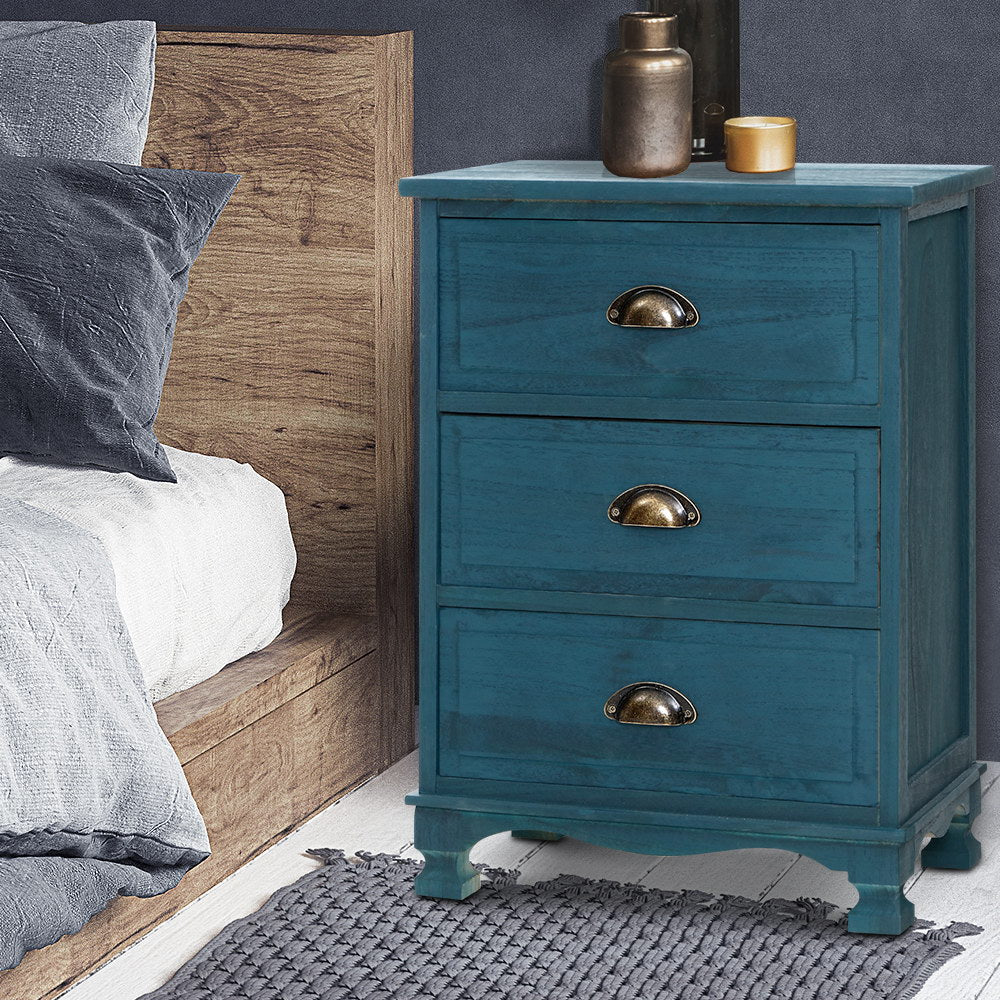 Thyme Bedside Table with 3 Drawers Vintage Blue