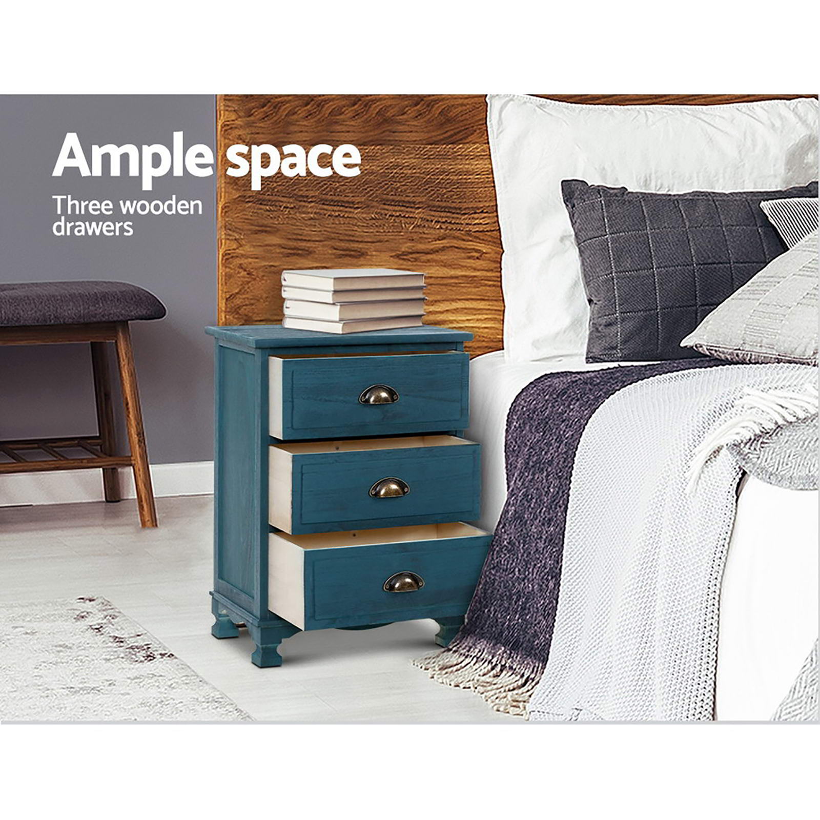 Thyme Blue Bedside Tables 3-Drawer Vintage Set of 2